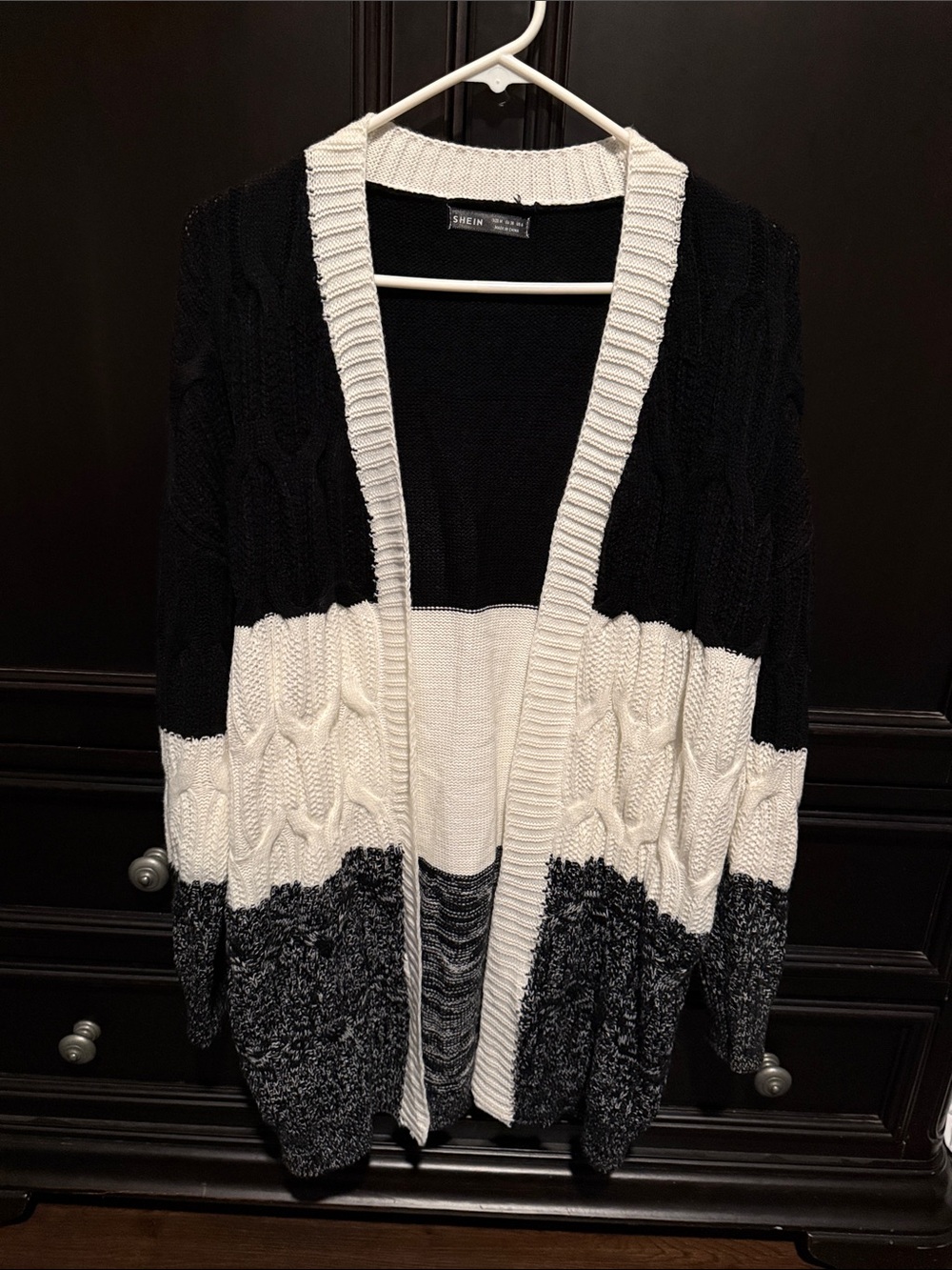 SHEIN Black & White Colorblock Cable Knit Open Cardigan